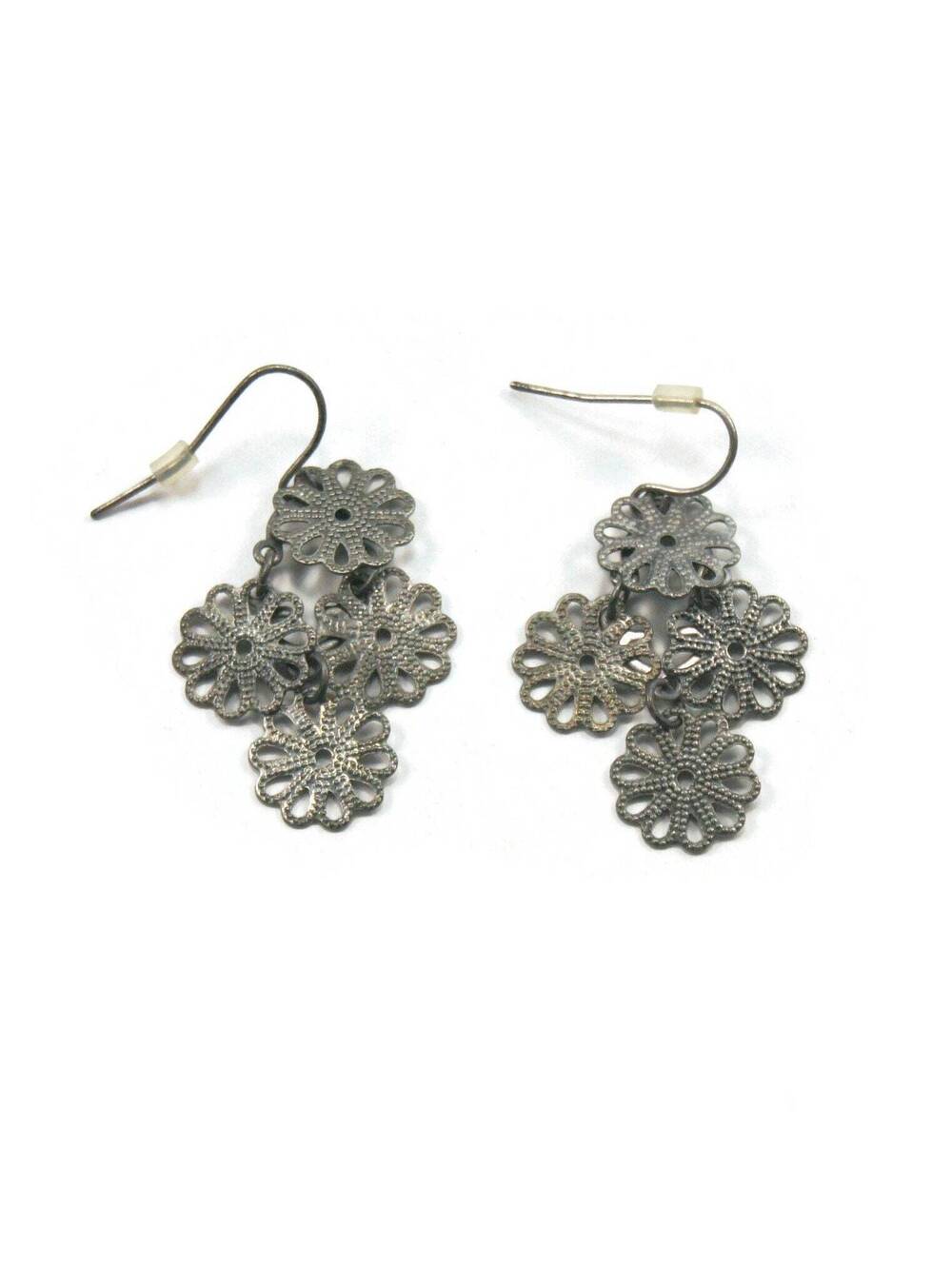Vintage Silver Tone Floral Design Dangle Earrings with Hook Backs.